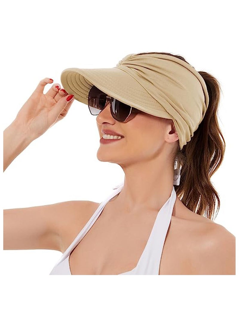 2 Pack Wide Brim Sun Visor Hat for Women UV Protection Packable Beach Hat Ponytail Hat Summer Sports Cap for Golf, Foldable Large Wide Brim Shade