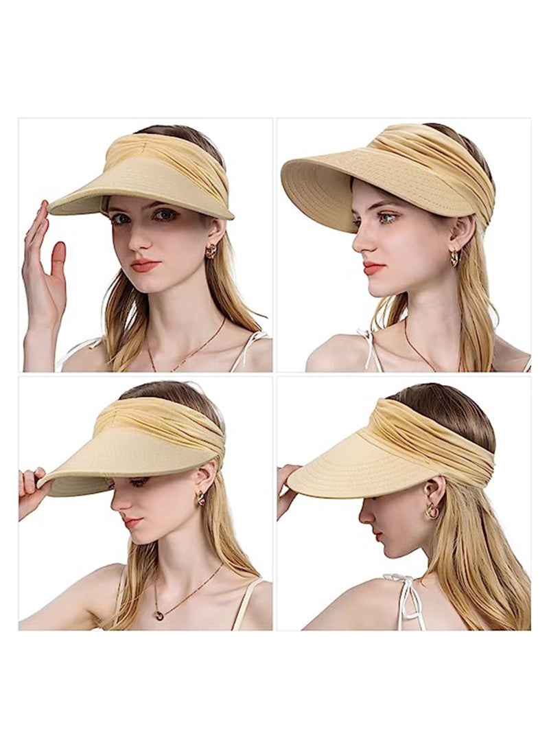 2 Pack Wide Brim Sun Visor Hat for Women UV Protection Packable Beach Hat Ponytail Hat Summer Sports Cap for Golf, Foldable Large Wide Brim Shade