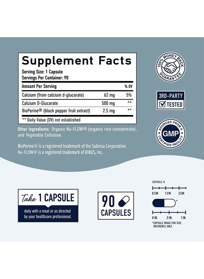 Calcium D-Glucarate | 500mg | CDG for Liver Detox & Cleanse, Metabolism, Hormone Balance, & Menopause Support* | Vegan.org Certified, Non-GMO, Gluten-Free Calcium D Glucarate | 90 Ct. (3-Month Supply)