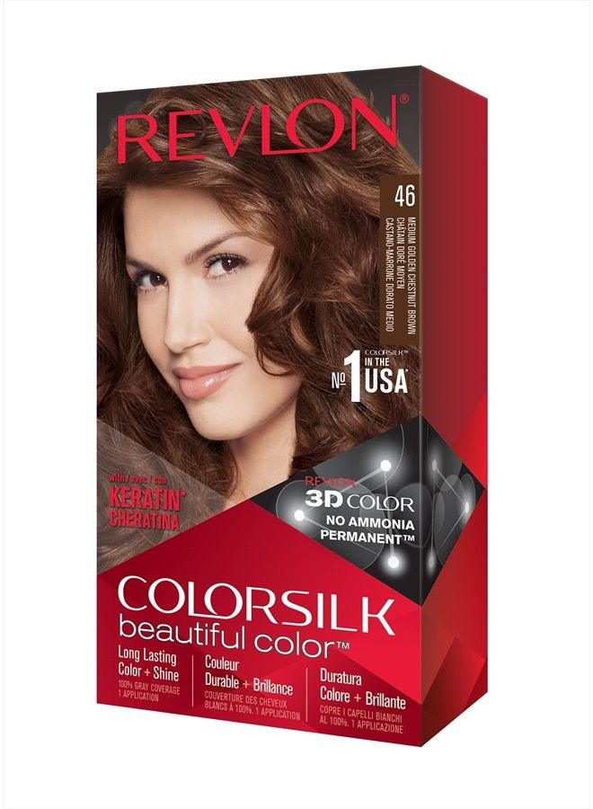 Permanent Hair Color by Revlon, Permanent Hair Dye, Colorsilk with 100% Gray Coverage, Ammonia-Free, Keratin and Amino Acids, 46 Medium Golden Chestnut Brown, 4.4 Oz (Pack of 1)