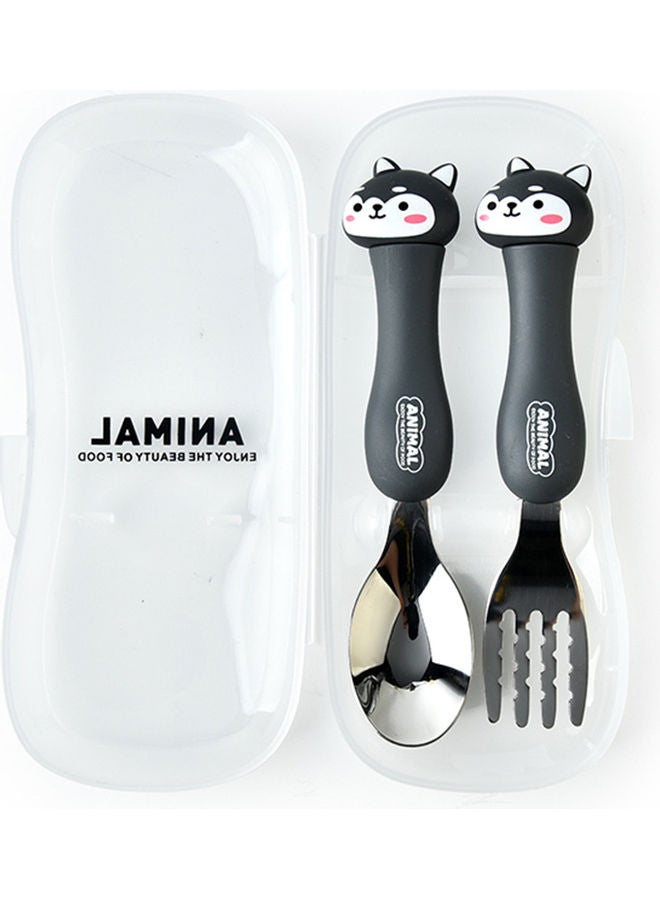 2-Piece Kids Spoon And Fork With Travel Case Black 17.5x3x8cm