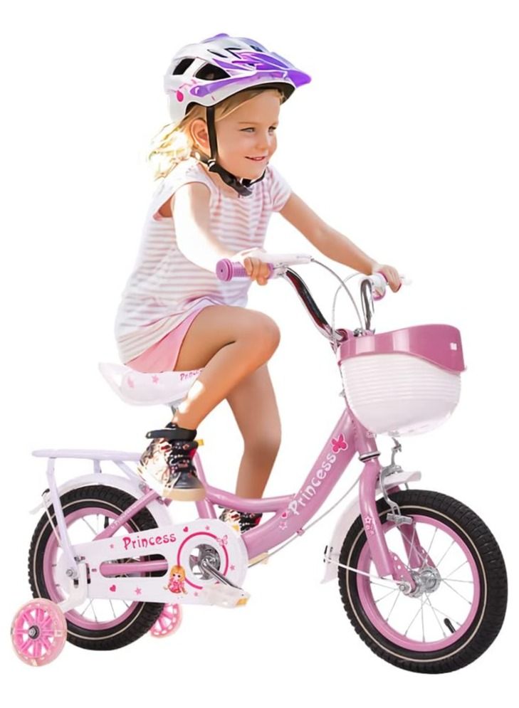 Kids Bike with Hand Brake and Basket  12 Inch Princess Bicycles with Backseat