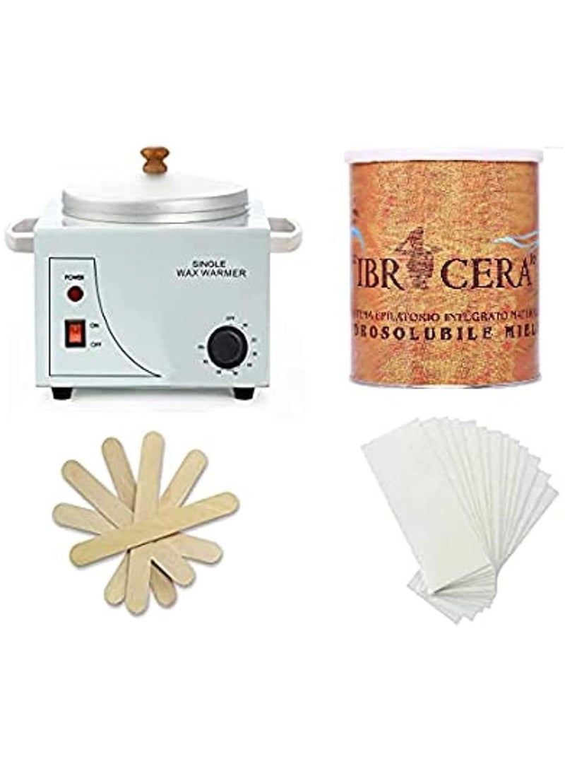 Complete Waxing Kit with Single Wax Heater 600ml Dark Honey Wax 100 Pcs Wax Paper Strip and 10 Pcs Wood Spatula