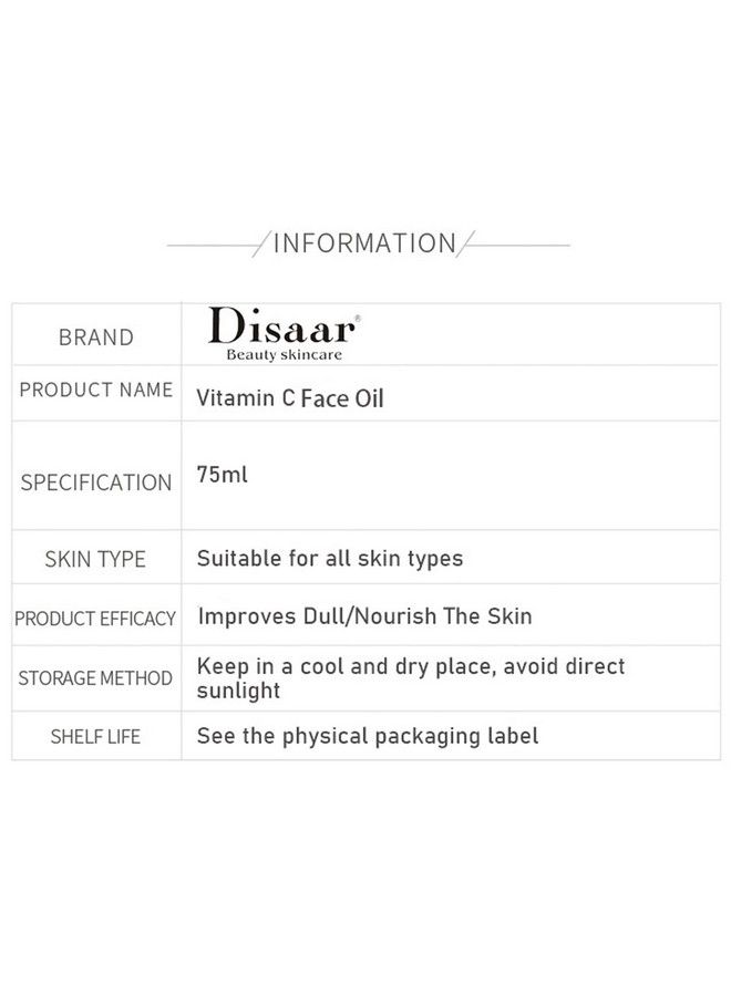 Vitamin C Face Oil Hyaluronic Acid Facial Moisturizing Essence Nourish Skin 75Ml/2.5Fl.Oz