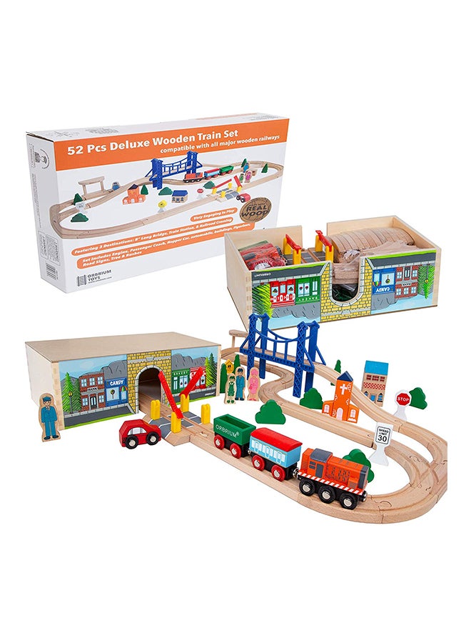 52-Piece Deluxe Wooden Train Set With 3 Destinations Fits 15 x 13 x 3inch