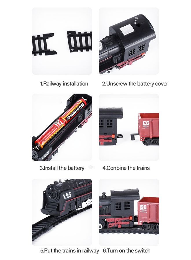 Electric Oil Can Train Set Track Retro Steam Train Model DIY Product Electric Train Toy Set Simulation Track, Locomotive Carriages Oil Cans Trees Houses Sound Effects Lights