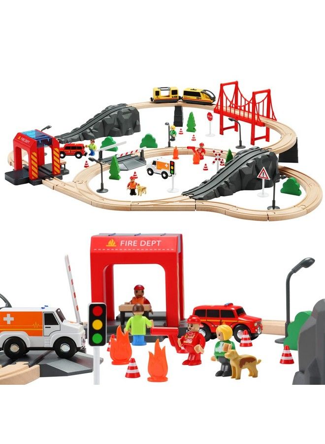 72Pcs Wooden Train Tracks & Trains, Gift Packed Toy Railway Kits For Kids, Toddler Boys And Girls 3,4,5 Years Old And Up Premium Wood Construction Toysfits Thomas, Brio, Ikea, Melissa