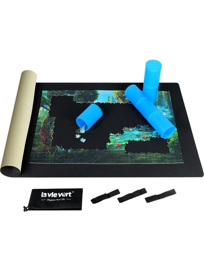 Double Sided Jigsaw Puzzle Mat 2Mm Thick Neoprene Puzzle Roll Mat Portable Puzzle Board Holder Saver With Storage Bag & Plastic Cylinder Up To 1500 Pieces Black & Khaki