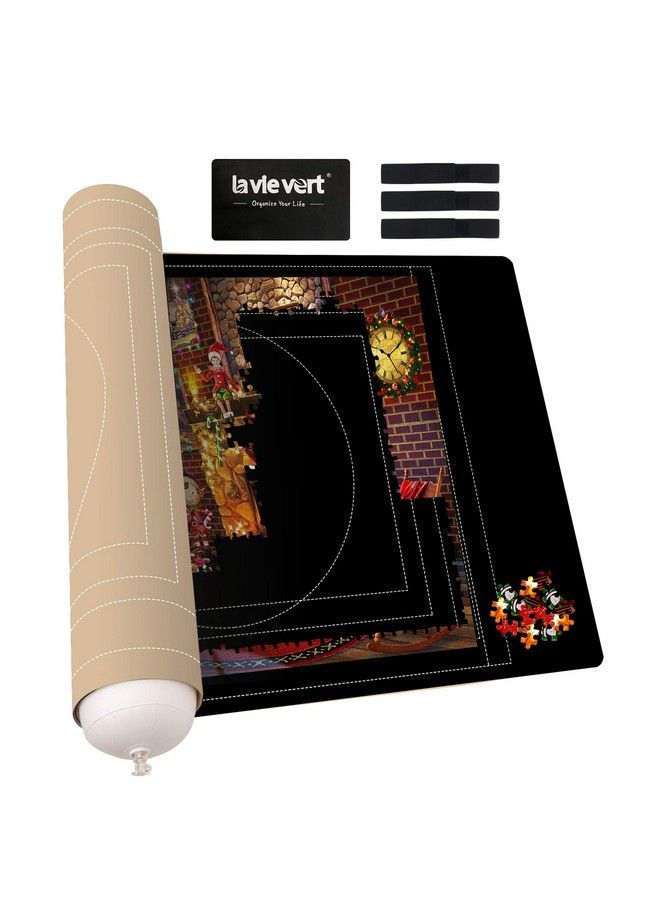 Jigsaw Puzzle Mat Roll Up Double Sided Neoprene Puzzle Roll Mat Portable Puzzle Board Keeper Saver With Auxiliary Line & Storage Bag For Up To 1500 Pieces Black & Khaki