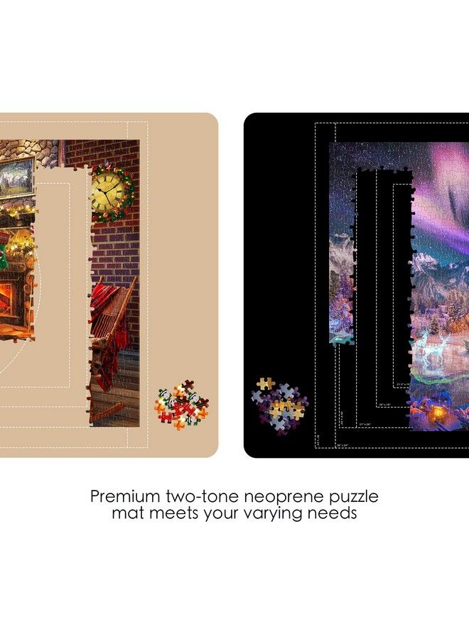 Jigsaw Puzzle Mat Roll Up Double Sided Neoprene Puzzle Roll Mat Portable Puzzle Board Keeper Saver With Auxiliary Line & Storage Bag For Up To 1500 Pieces Black & Khaki