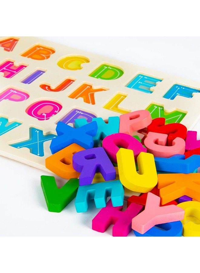 Alphabet Puzzle Wooden Puzzles For Toddlers 1 2 3 4 5 Year Old Abc Puzzle Shape Alphabet Learning Puzzles Toys With Puzzle Board & Letter Blocks Preschool Educational For Girls Boys
