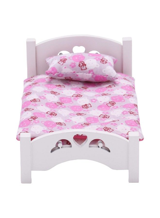 Dollhouse Furniture Mini Kid’S Bed Set Realistic Bedroom Accessories For 6 Inch Dolls Decorative Bedspread & Pillow White Wooden Frame 1/12 Scale (Pink Bedding)