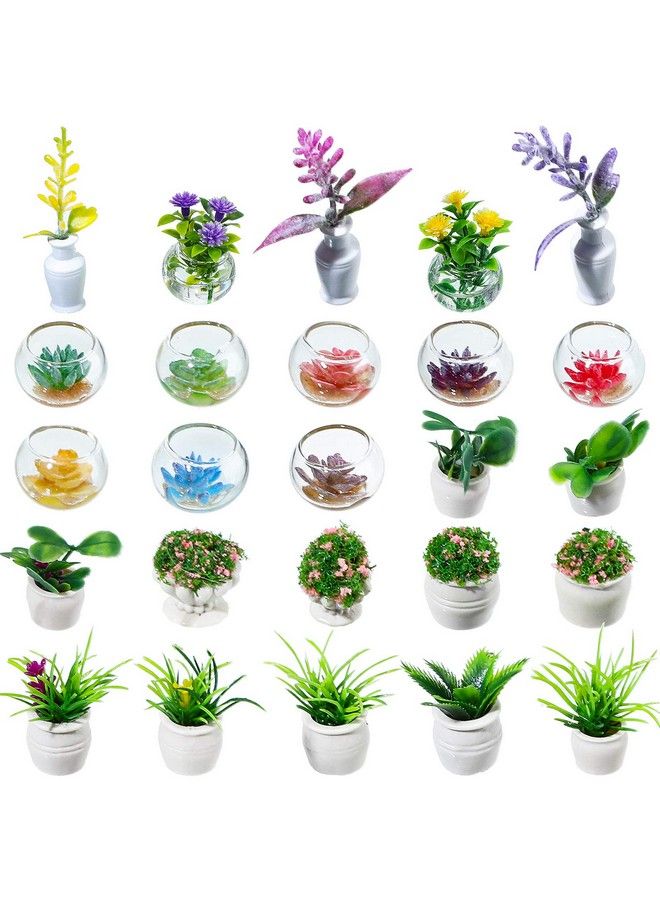 25 Pieces Dollhouse Potted Plants Miniature Artificial Plant Tiny Bonsai Model Mini Flowerpot Fake Succulent Doll House Mini Plant Model Figure For 1:12 Dollhouse Decor Mini Garden (Fresh Style)