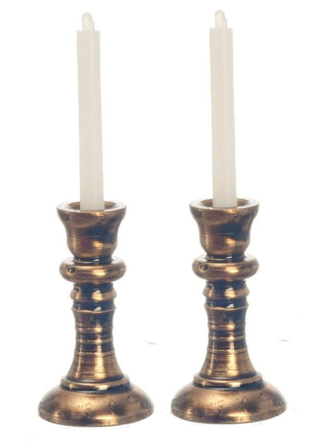 International Miniatures Dollhouse Miniature Set Of Copper Candlesticks With Candles