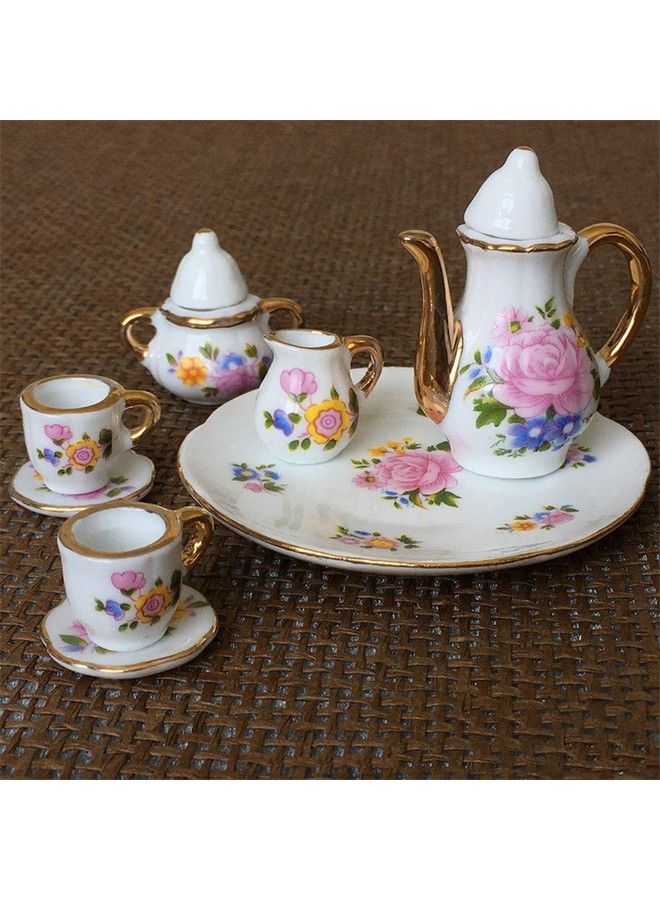 Dollhouse Decoration Kitchen Accessories 8Pcs Dining Ware Porcelain Tea Cup Set Pink Dish Cup Plate With Golden Trim 1/6 Dollhouse Miniature