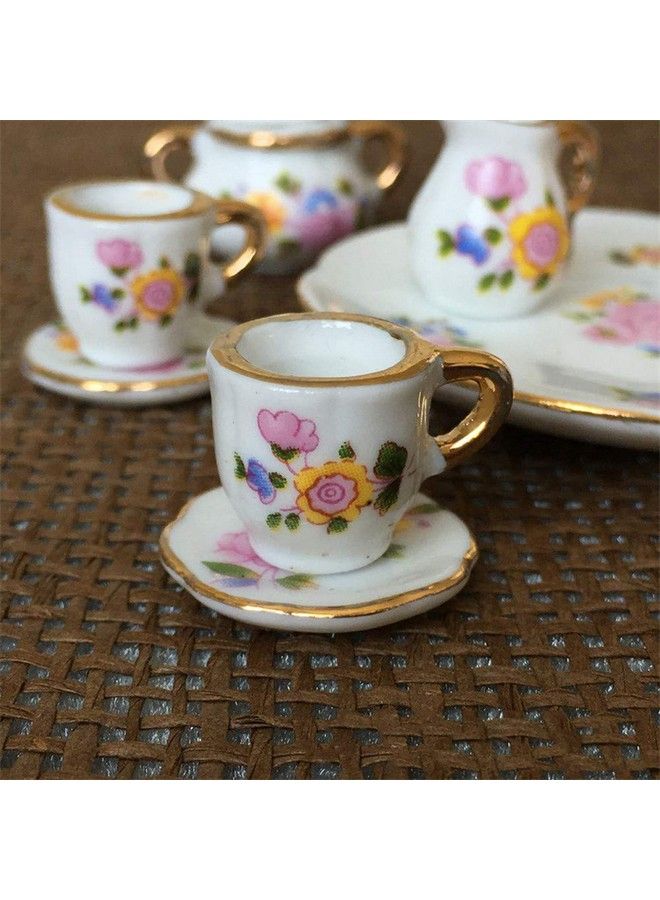 Dollhouse Decoration Kitchen Accessories 8Pcs Dining Ware Porcelain Tea Cup Set Pink Dish Cup Plate With Golden Trim 1/6 Dollhouse Miniature