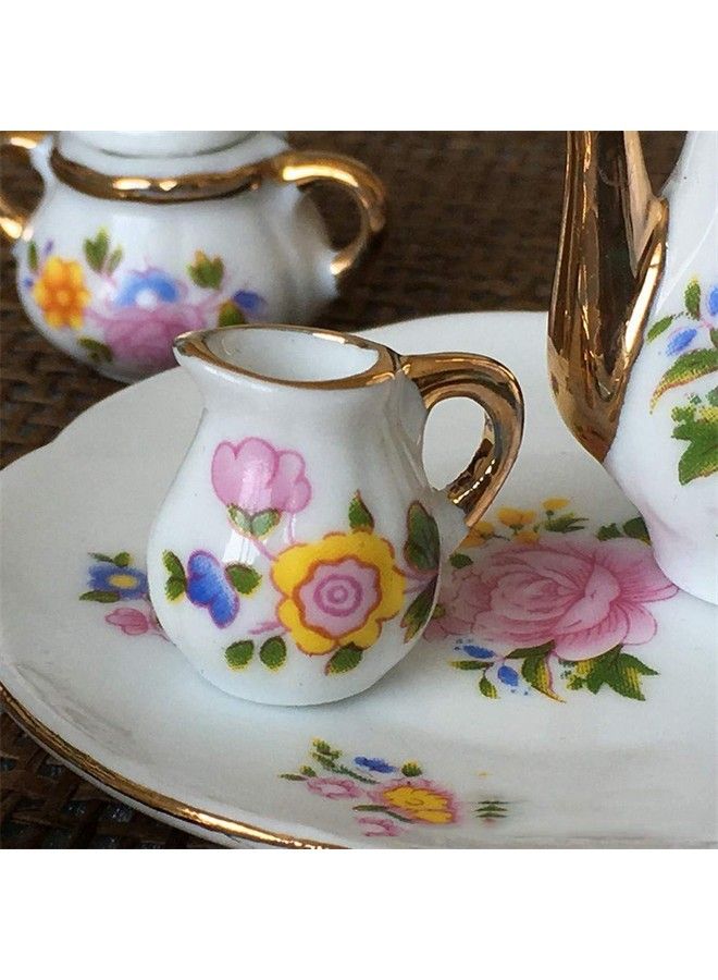 Dollhouse Decoration Kitchen Accessories 8Pcs Dining Ware Porcelain Tea Cup Set Pink Dish Cup Plate With Golden Trim 1/6 Dollhouse Miniature