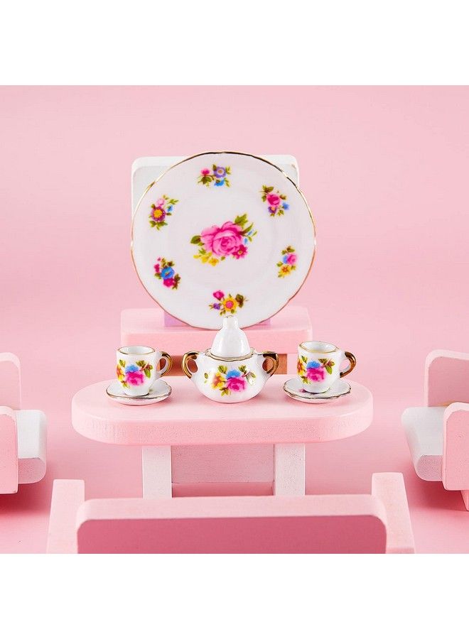 8 Pieces Miniature Porcelain Tea Cup Set For Little Girls Dollhouse Accessories Kitchen Miniature Porcelain Set Mini Flower Pattern Teapot Cup Plates Set For Dollhouse Kitchen Supplies