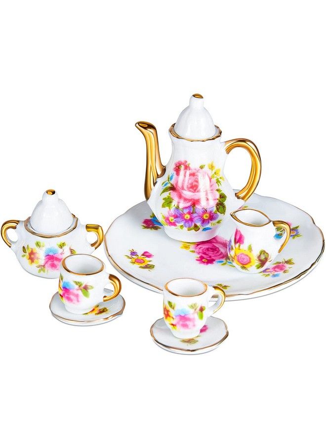 8 Pieces Miniature Porcelain Tea Cup Set For Little Girls Dollhouse Accessories Kitchen Miniature Porcelain Set Mini Flower Pattern Teapot Cup Plates Set For Dollhouse Kitchen Supplies
