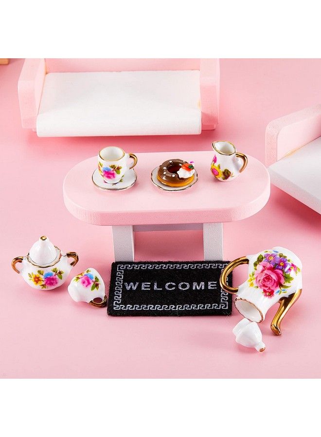 8 Pieces Miniature Porcelain Tea Cup Set For Little Girls Dollhouse Accessories Kitchen Miniature Porcelain Set Mini Flower Pattern Teapot Cup Plates Set For Dollhouse Kitchen Supplies