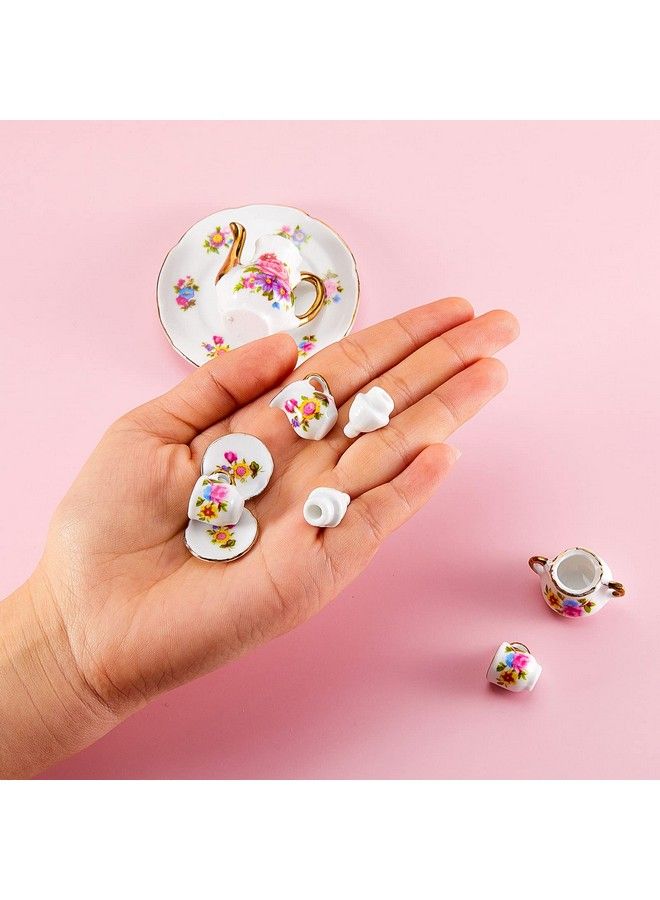 8 Pieces Miniature Porcelain Tea Cup Set For Little Girls Dollhouse Accessories Kitchen Miniature Porcelain Set Mini Flower Pattern Teapot Cup Plates Set For Dollhouse Kitchen Supplies