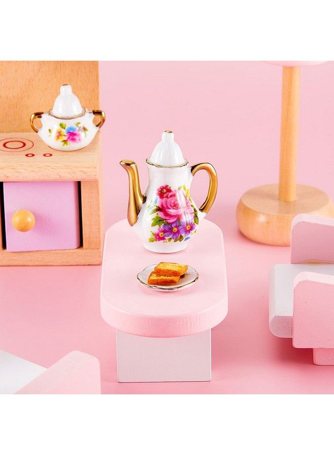 8 Pieces Miniature Porcelain Tea Cup Set For Little Girls Dollhouse Accessories Kitchen Miniature Porcelain Set Mini Flower Pattern Teapot Cup Plates Set For Dollhouse Kitchen Supplies