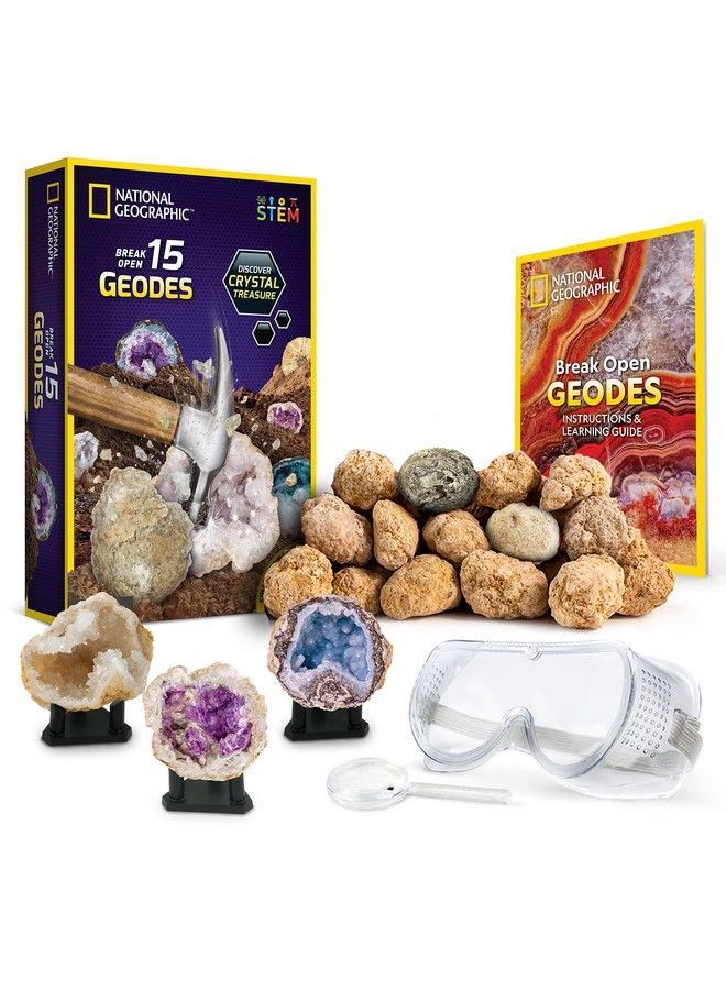 Break Open 15 Premium Geodes With Goggles Detailed Learning Guide 3 Display Stands Great Stem Science Toy & Educational Gift