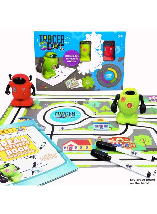 Tracerbot Set (2 Robot Set) Mini Inductive Robot That Follows The Black Line You Draw. Fun Educational And Interactive Stem Toy! Includes Trail Map Dry Erase Board And Playbook