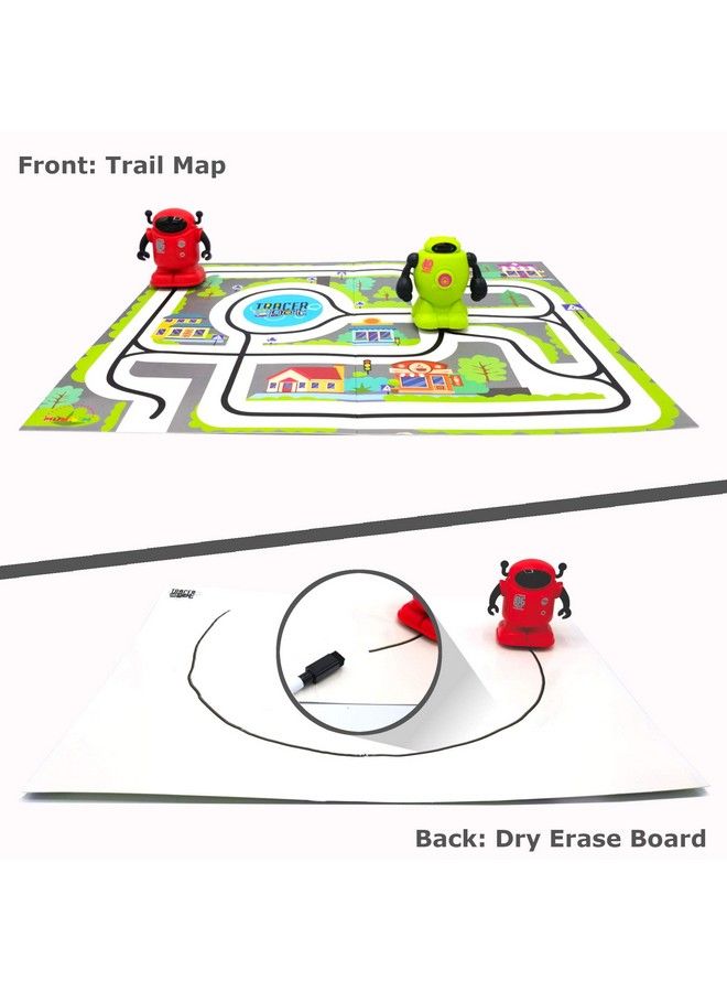 Tracerbot Set (2 Robot Set) Mini Inductive Robot That Follows The Black Line You Draw. Fun Educational And Interactive Stem Toy! Includes Trail Map Dry Erase Board And Playbook