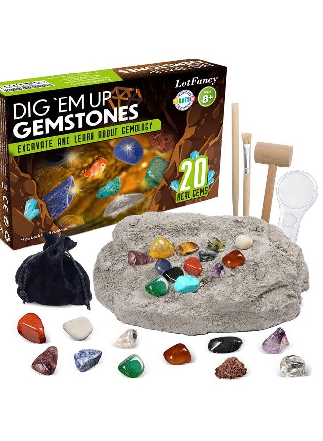 Gemstone Dig Kit Excavate 20 Real Gemstones Including Crystal Amethyst Topaz Stem Educational Toy Science Kit For Kids Great Gift For Boys Girls Adults With Storage Pouch Mining Tools