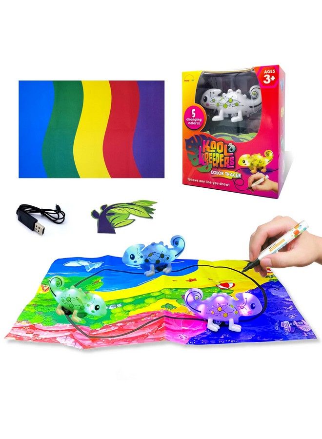 Kool Kreepers Color Tracer Chameleon. Inductive Steam Toy For 3+ Year Old Girls & Boys. Follow Line + 5 Led Changing Colors / Sounds Lizard Toy For Kids