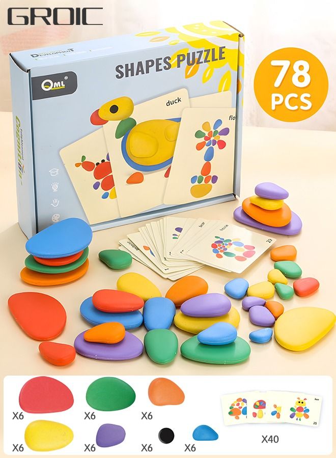 78 PCs Sorting Stacking Rocks Toys Colorful Balance Stones Game Montessori Jigsaw Puzzle with 40 Pcs Cards Pebbles Building Blocks Set for Preschool Educational Learning