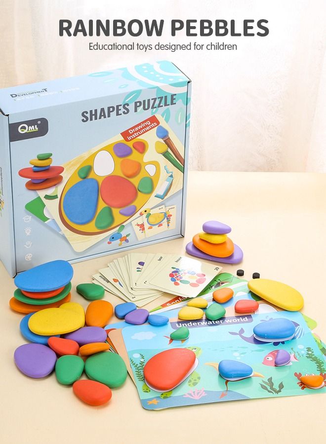 78 PCs Sorting Stacking Rocks Toys Colorful Balance Stones Game Montessori Jigsaw Puzzle with 40 Pcs Cards Pebbles Building Blocks Set for Preschool Educational Learning