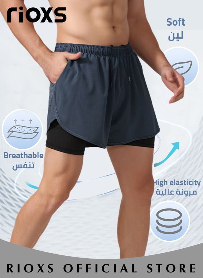 Men's 2-In-1 Athletic Running Shorts, Lightweight Sportwear Quick-Drying Shorts, Fitness Stretch Sports Shorts with Pocket, No Fading, No Deformation
