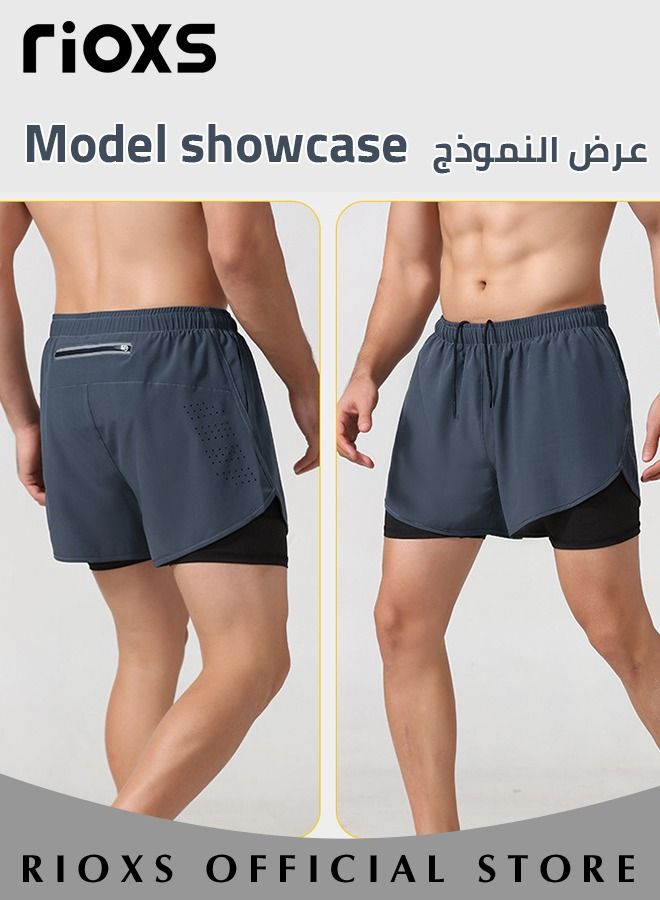 Men's 2-In-1 Athletic Running Shorts, Lightweight Sportwear Quick-Drying Shorts, Fitness Stretch Sports Shorts with Pocket, No Fading, No Deformation