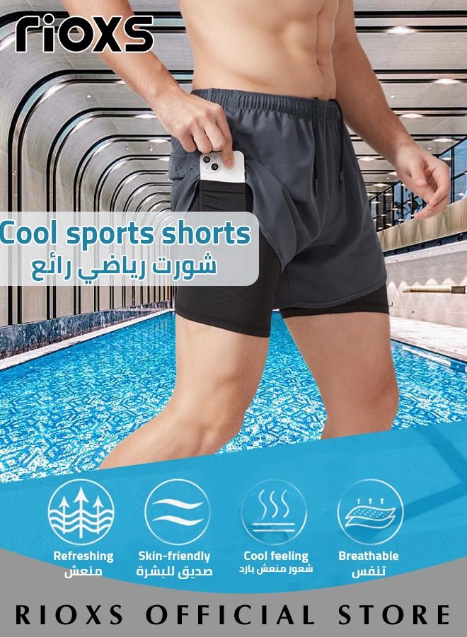 Men's 2-In-1 Athletic Running Shorts, Lightweight Sportwear Quick-Drying Shorts, Fitness Stretch Sports Shorts with Pocket, No Fading, No Deformation