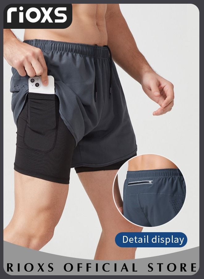 Men's 2-In-1 Athletic Running Shorts, Lightweight Sportwear Quick-Drying Shorts, Fitness Stretch Sports Shorts with Pocket, No Fading, No Deformation