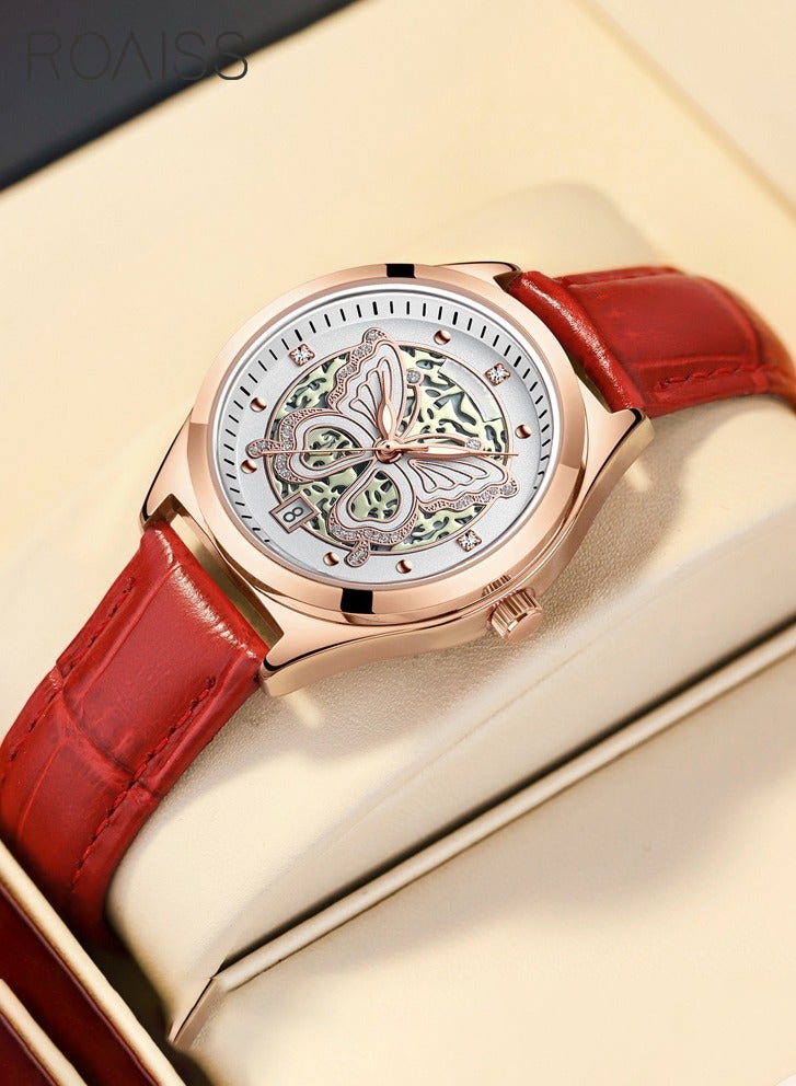 Butterfly Rhinestone Quartz Watch Women's Waterproof  Wristwatch with Leather Strap