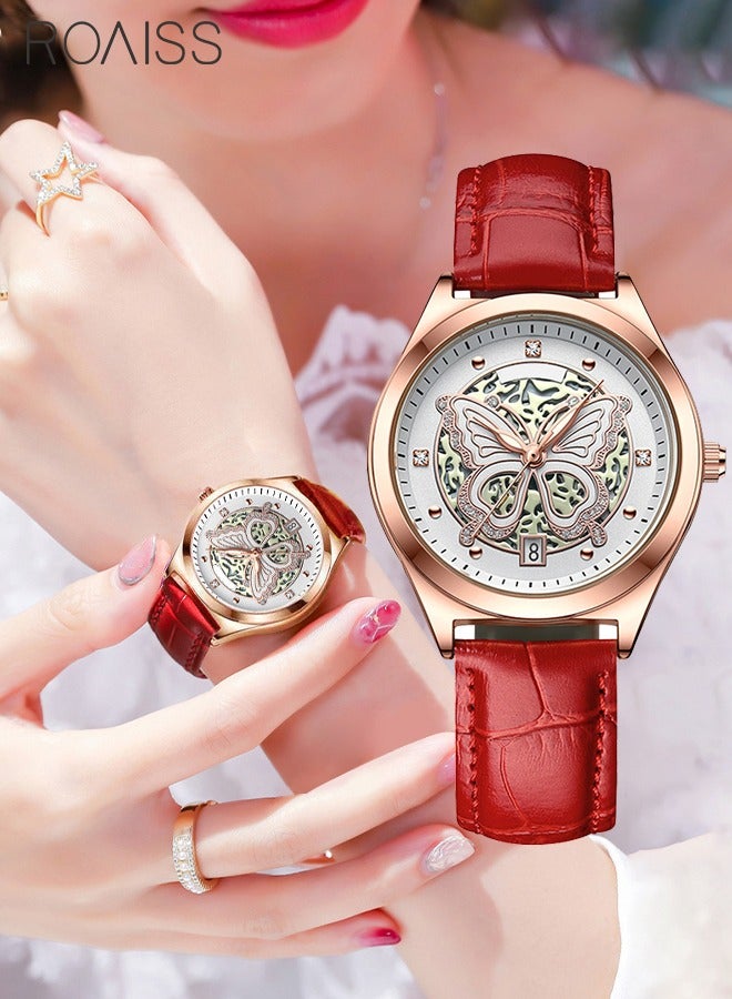 Butterfly Rhinestone Quartz Watch Women's Waterproof  Wristwatch with Leather Strap