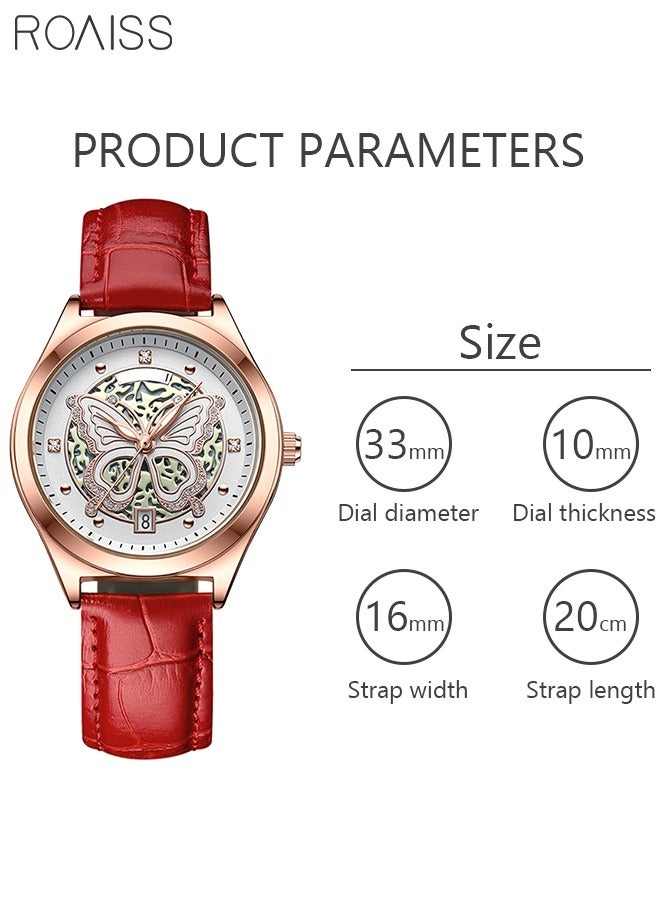 Butterfly Rhinestone Quartz Watch Women's Waterproof  Wristwatch with Leather Strap