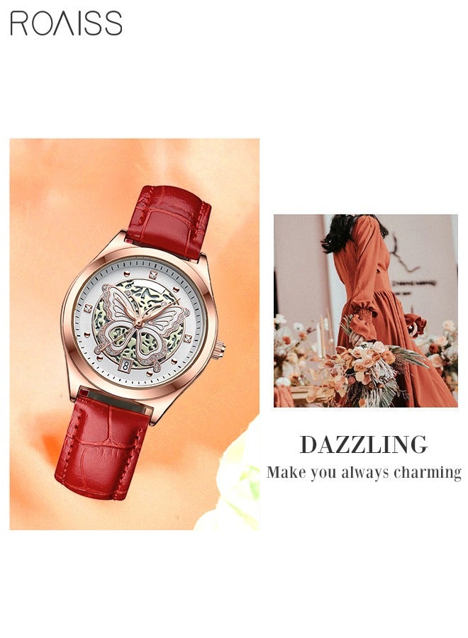 Butterfly Rhinestone Quartz Watch Women's Waterproof  Wristwatch with Leather Strap