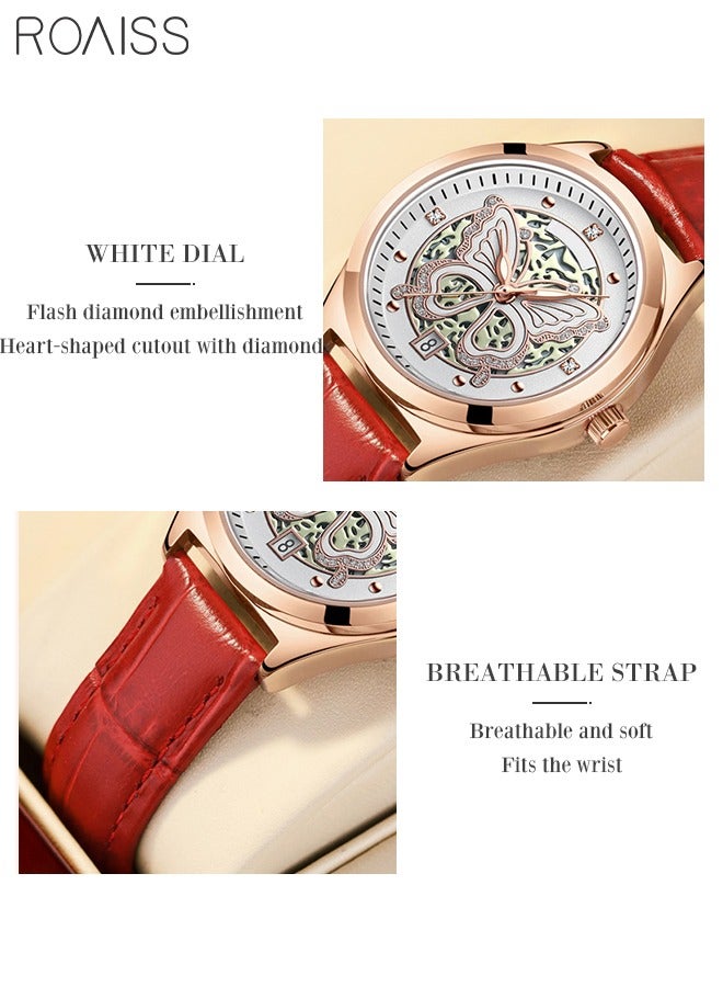 Butterfly Rhinestone Quartz Watch Women's Waterproof  Wristwatch with Leather Strap