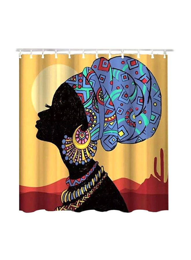 Printed Shower Curtain With Hook Beige/Black/Blue 165x180centimeter