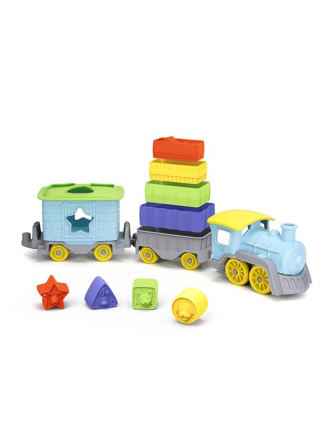 Stack & Sort Train Blue 12 Piece Pretend Play Motor Skills Kids Toy Vehicle Playset. No Bpa Phthalates Pvc. Dishwasher Safe Recycled Plastic Made In Usa.