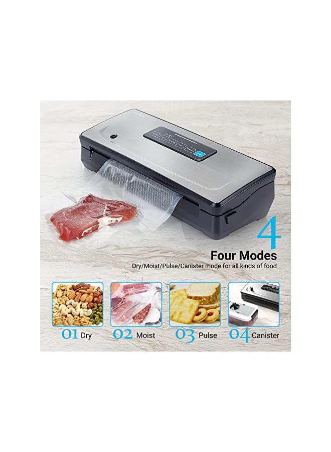 Vacuum Sealer Machine Automatic Sealing For Food Preservation Dry & Moist Sealing Modes Built-In Cutter Starter Kit Easy Cleaning Stainless Steel Panel Compact Design