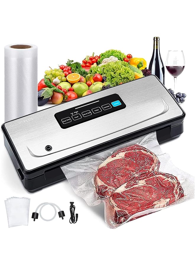 Vacuum Sealer Machine Automatic Sealing For Food Preservation Dry & Moist Sealing Modes Built-In Cutter Starter Kit Easy Cleaning Stainless Steel Panel Compact Design