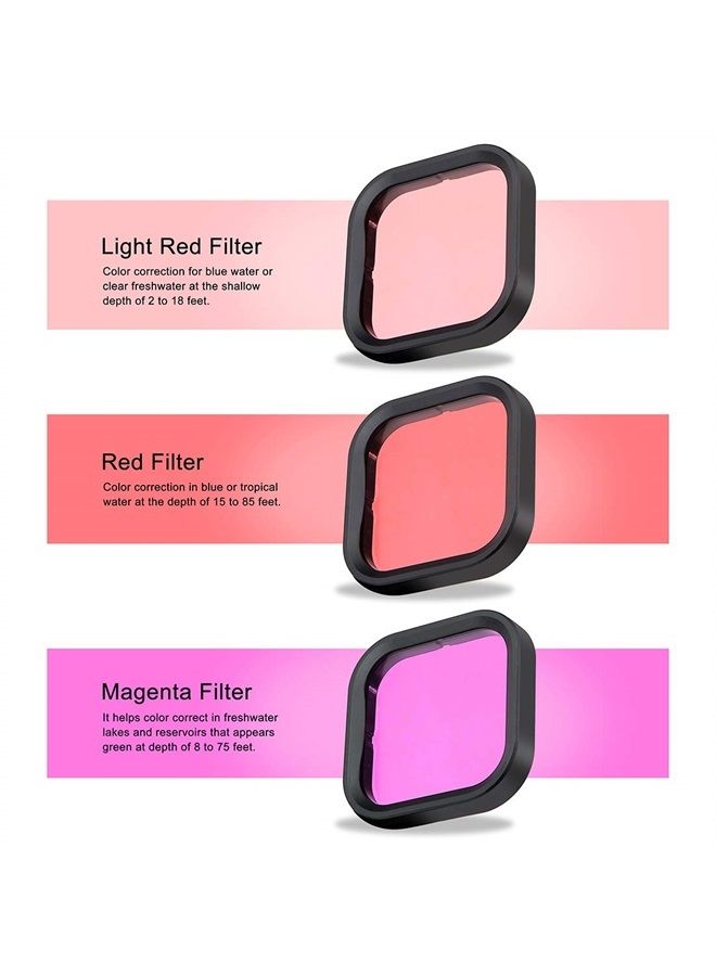 Underwater Camera Dive Filters for GoPro Hero 8,9 and 10 Black Protective Housing Lens Cover in Red, Light Red, and Magenta, Professional Color Correcting Photography Accessory Title
