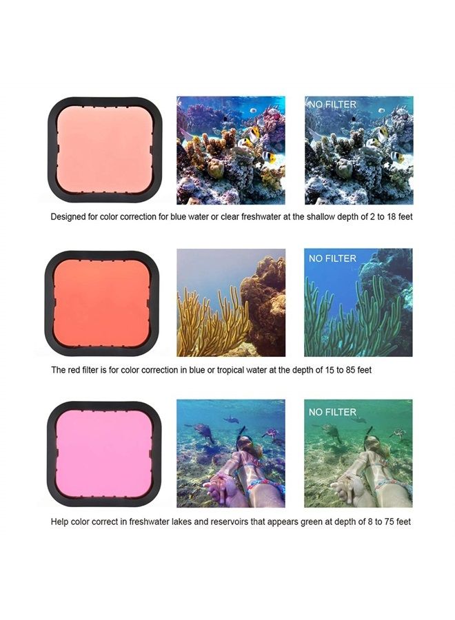 Underwater Camera Dive Filters for GoPro Hero 5, 6 and 7 Black Super Suit Waterproof Housing Case in Red, Light Red, and Magenta, Professional Color Correcting Photography Accessory