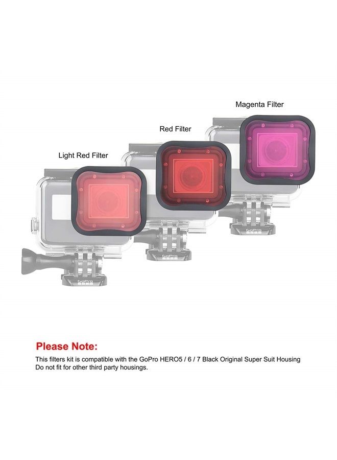 Underwater Camera Dive Filters for GoPro Hero 5, 6 and 7 Black Super Suit Waterproof Housing Case in Red, Light Red, and Magenta, Professional Color Correcting Photography Accessory