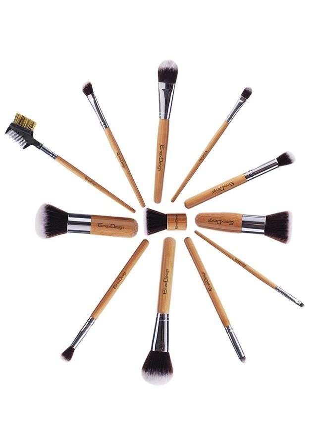 12 Pieces Makeup Brush Set Professional Bamboo Handle Premium Synthetic Kabuki Foundation Blending Blush Concealer Eye Face Liquid Powder Cream Cosmetics Brushes Kit With Bag